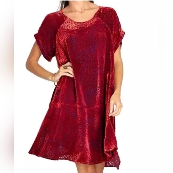 Johnny Was Jade Doris Red Blue Velvet Burnout Dress Scoop Neck Boho Size L - Picture 2 of 8